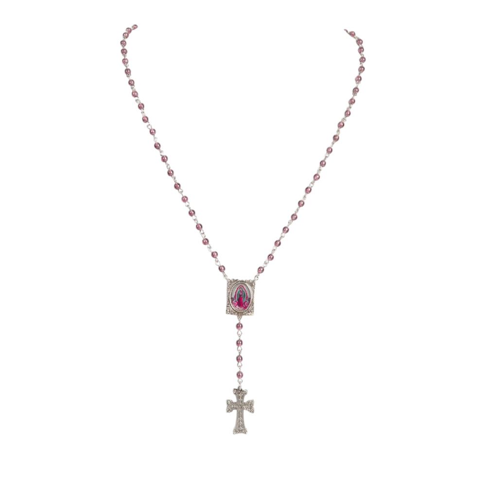 VIRGINS SAINTS & ANGELS VSA Retablo Guadalupe Rosary Necklace in Silver & Pink